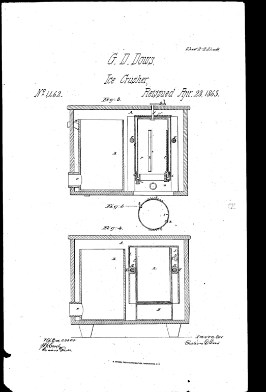 Kristin Holt | The Victorian-era Soda Fountain. Dow's Patent Ice Crusher, patent reissue April 28, 1863. U.S. Reissue Patent No. 146200, vintage illustration.
