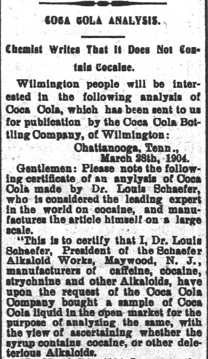 Kristin Holt | Cocaine in Victorian Coca-Cola: Going... Going... Gone? From The Wilmington Morning Star of Wilmington, North Carolina, April 15, 1904: Coca Cola Analysis. Chemist Writes That it Does Not Containe Cocaine." Part 1 of 3.