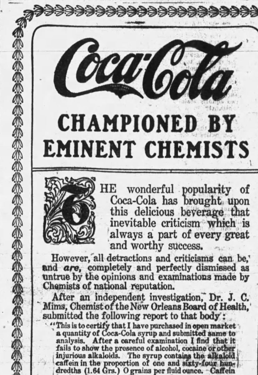 Kristin Holt | Cocaine in Victorian Coca-Cola: Going... Going... Gone? Coca-Cola Championed by Eminent Chemists. Published in Daily Arkansas Gazette of Little Rock, Arkansas, July 29, 1906. Part 1 of 2.