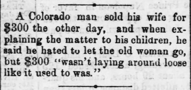 Kristin Holt | For Sale: Wife (Part 2). Atchison Daily Patriot of Atchison, Kansas, May 18, 1875.