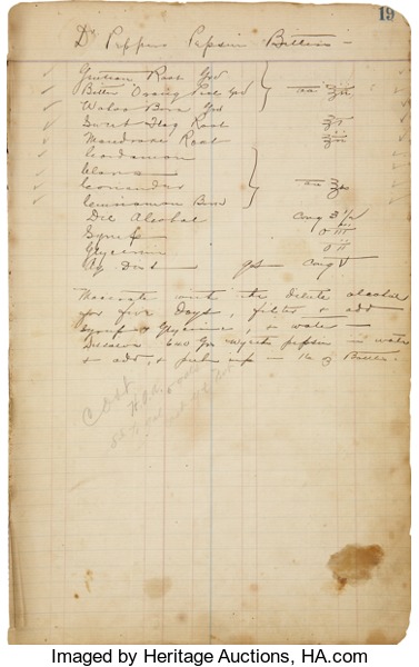 Kristin Holt | Victorian Dr. Pepper (1885). Image: The Original "Dr Pepper Pepsin Bitters" Formula Handwritten in the Ledger Book from the Waco Drug Store in which it was invented.