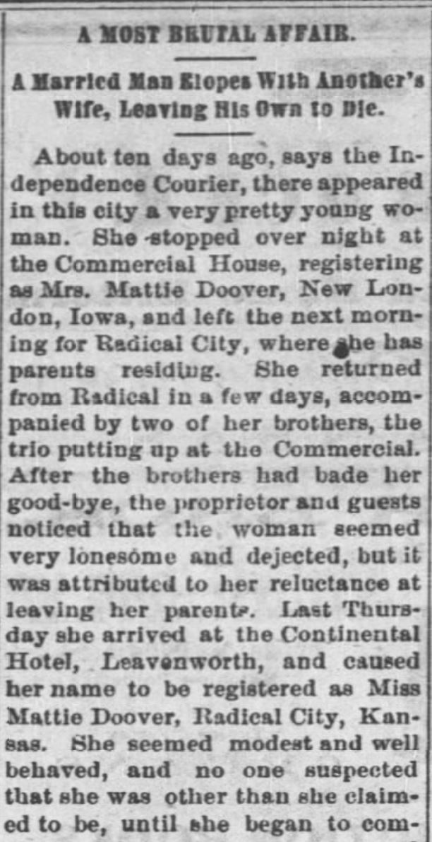 Kristin Holt | This Day in History: August 30. A Most Brutal Affair: A Married Man Elopes With Another's Wife, Leaving His Own to Die. Part 1 of 3. Fort Scott Daily Monitor of Fort Scott, Kansas. August 30, 1876.