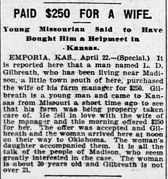Kristin Holt | For Sale: Wife (Part 2). Kansas City Journal of Kansas City, Missouri, April 23, 1899.