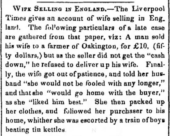 Kristin Holt | For Sale: Wife (Part 2). The Lousiville Daily Courier of Louisville, Kentucky, August 20, 1852.