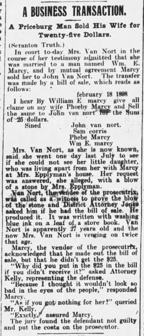 Kristin Holt | For Sale: Wife (Part 2). The Wilkes-Barre News of Wilkes-Barre, Pennsylvania, February 8, 1899.