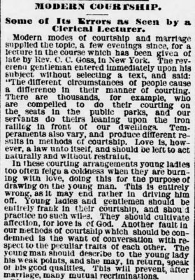 Kristin Holt | Errors of Modern Courtship: 1881. Part 1 of 2: Vintage Newspaper Article- Errors of MODERN COURTSHIP: Some of Its Errors as Seen by a Clerical Lecturer. Published in Evening Star of Washington D.C. on January 15, 1881. 