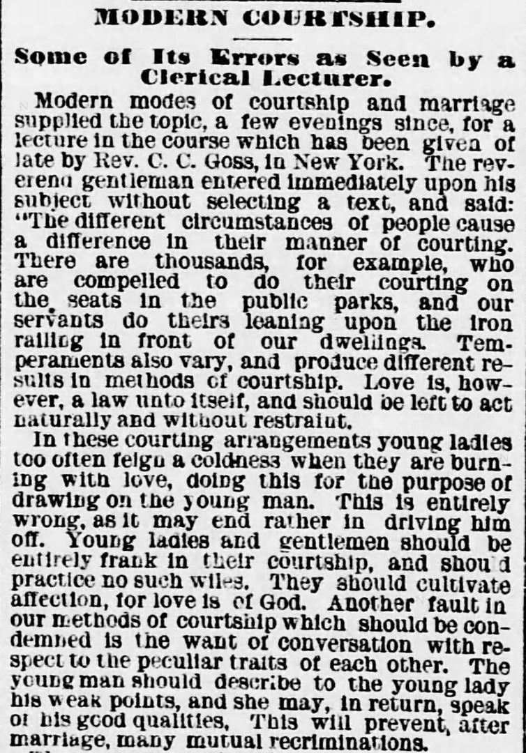 Kristin Holt | Vintage Newspaper Article- MODERN COURTSHIP: Some of Its Errors as Seen by a Clerical Lecturer. Published in Evening Star of Washington D.C. on January 15, 1881. Part 1 of 2. Kristin Holt | Vintage Newspaper Article- Errors of MODERN COURTSHIP: Some of Its Errors as Seen by a Clerical Lecturer. Published in Evening Star of Washington D.C. on January 15, 1881. Part 1 of 2.