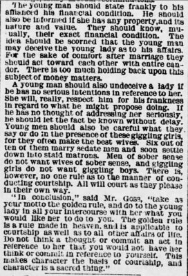 Kristin Holt | Errors of Modern Courtship: 1881. Part 2 of 2: Vintage Newspaper Article- Errors of MODERN COURTSHIP: Some of Its Errors as Seen by a Clerical Lecturer. Published in Evening Star of Washington D.C. on January 15, 1881. 