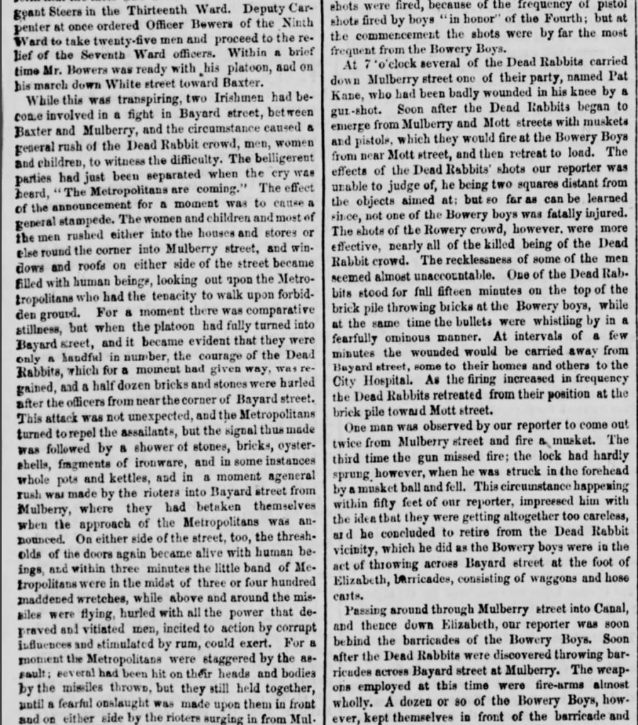 Kristin Holt | From New-York Tribune, July 6, 1857: a full-page spread covering the "Dead Rabbits Riot" of July 4, 1857.