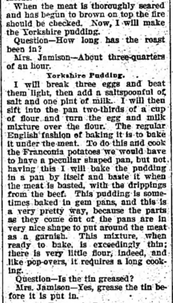 Kristin Holt | Victorian Fare: Yorkshire Pudding recipe, The Newspaper Library of Milwaukee, Wisconsin, January 4, 1896.