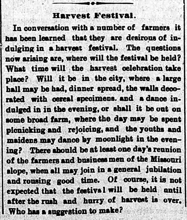 Kristin Holt | Victorian America's Harvest Celebrations. From Bismarck Weekly Tribune of Bismarck, North Dakota, on August 8, 1884.