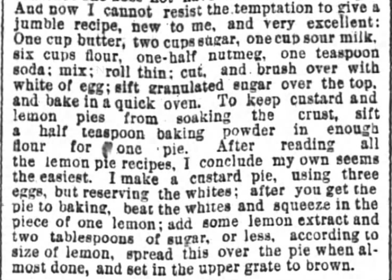 Kristin Holt | Vintage Cake Recipes. Jumble Recipe, plus tipes to keep custard pie from soaking the crust. Published in Chicago Tribune, May 18, 1878.