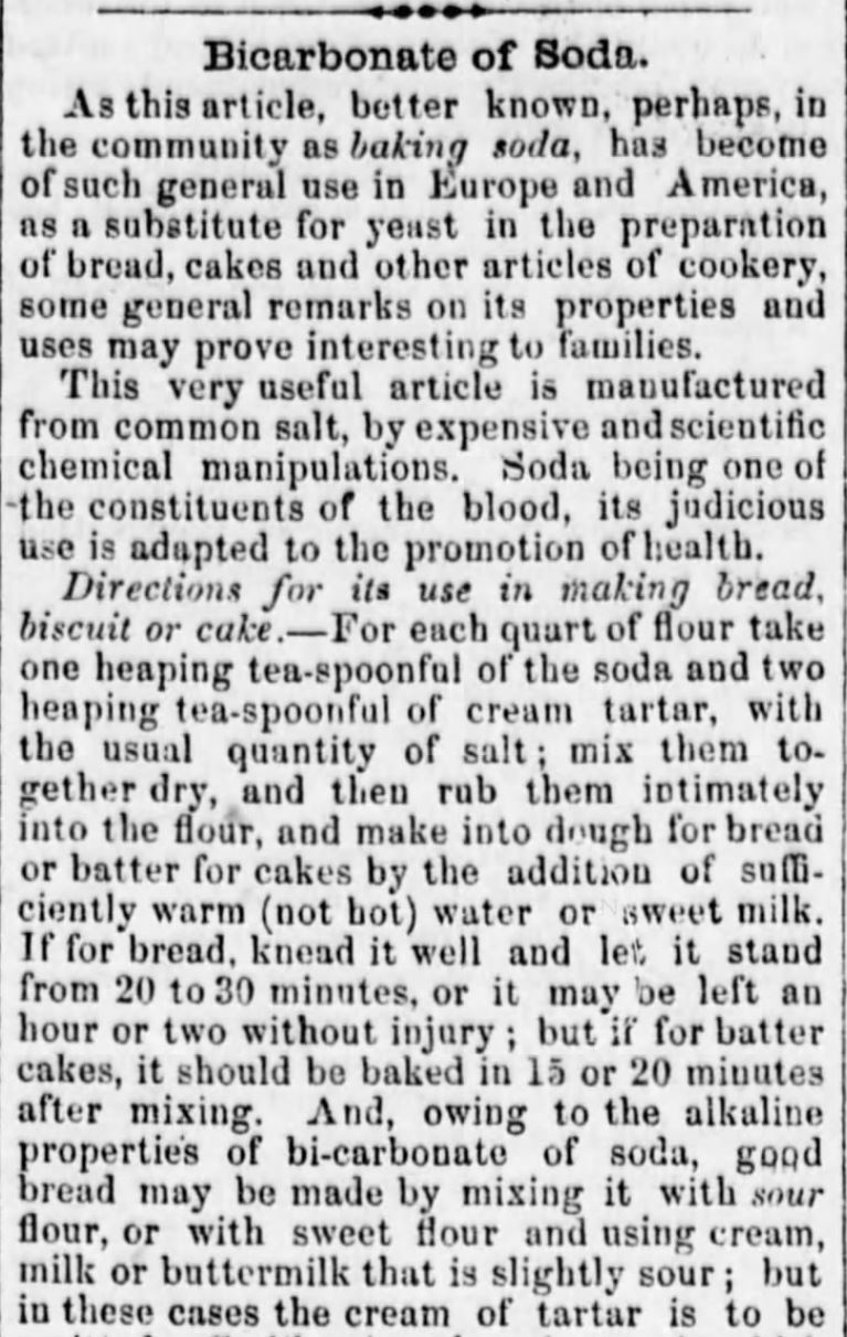 Kristin Holt | Victorian Baking: Saleratus, Baking Soda, and Salsoda. Bicarbonate of Soda, Part 1 of 3, published in <em>Sunbury American</em> of Sunbry, Pennsylvania on January 5, <strong>1856</strong>.