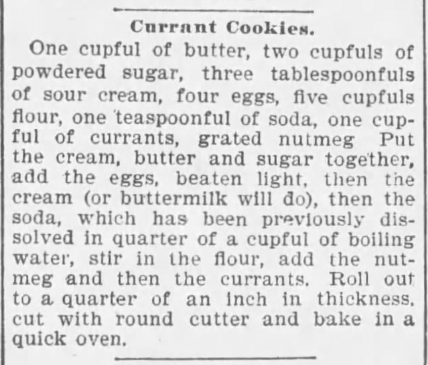 Kristin Holt | Victorian Fare: Cookies. Currant Cookies recipe, published in The Montgomery Advertiser of Montgomery, Alabama. Dated January 9, 1894.