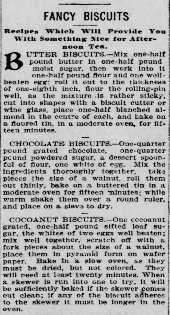 Kristin Holt | Victorian Fare: Biscuits. Fancy Biscuits (Butter Biscuits, Chocolate Biscuits, and Cocoanut Biscuits) Recipes from The Philadelphia Enquirer, Philadelphia, Pennsylvania. Dated November 22, 1897.