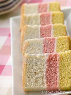 Kristin Holt | Victorian Cooking: Angel's Food Isn't Always Angel's Food. Photograph of British Angel Cake, with three pastel layers.