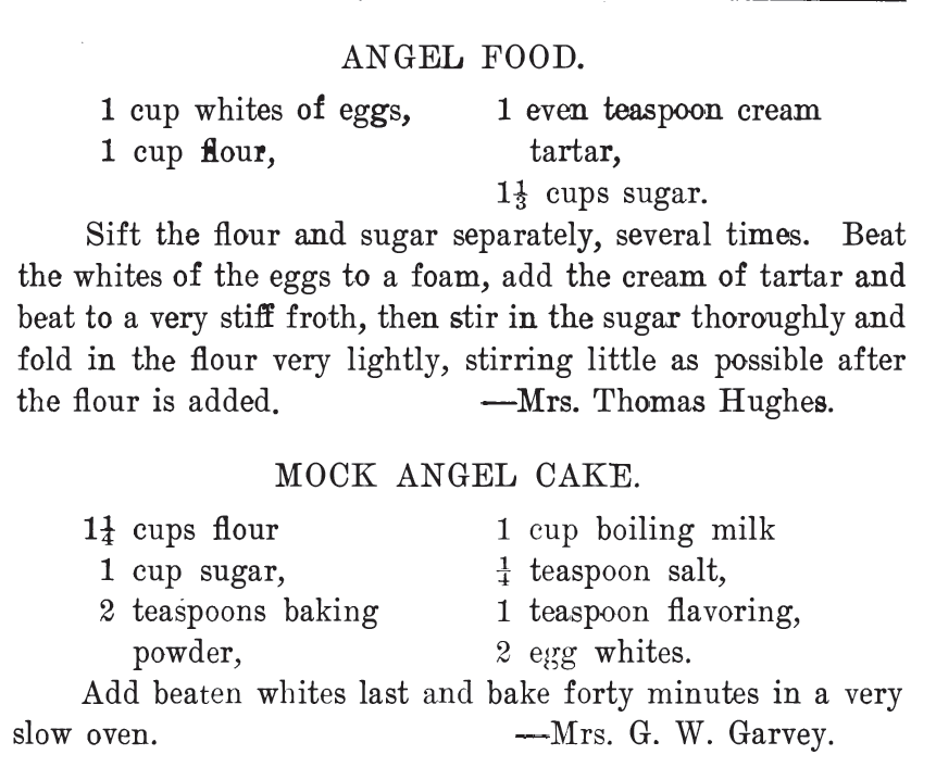 Angel Food Recipe and Mock Angel Cake REcipe from The West Bend Cookbook (1908). Related to Victorian Baking: Angel's Food Cake.