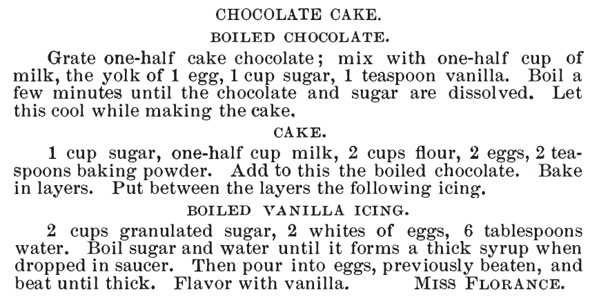 Kristin Holt | Boiled Chocolate Cake Recipe, published 1890 in Receipt Book; Improvement Society of the Second Reformed Church.