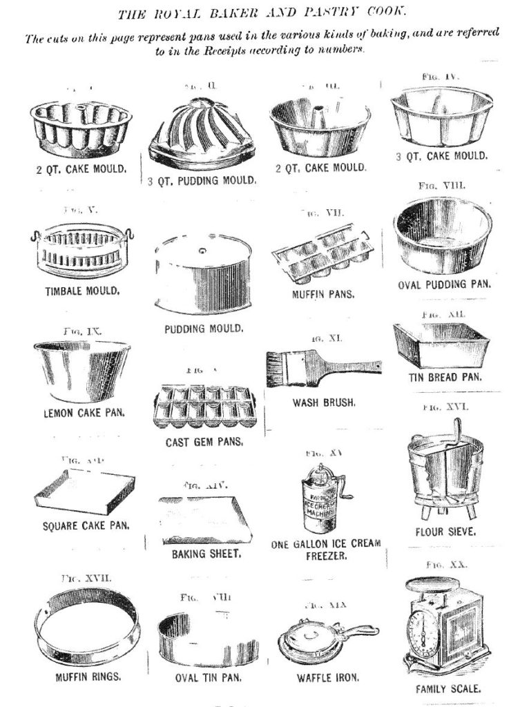 Kristin Holt | Victorian Cake: Tins, Pans, Moulds. Various pans and implements referred to within The Royal Baker and Pastry Cook, published 1888.