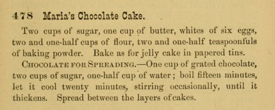 Kristin Holt | Maria's Chocolate Cake Recipe, from The Home messenger book of tested recipes compiled by Isabella Stewart, 1830-1888.