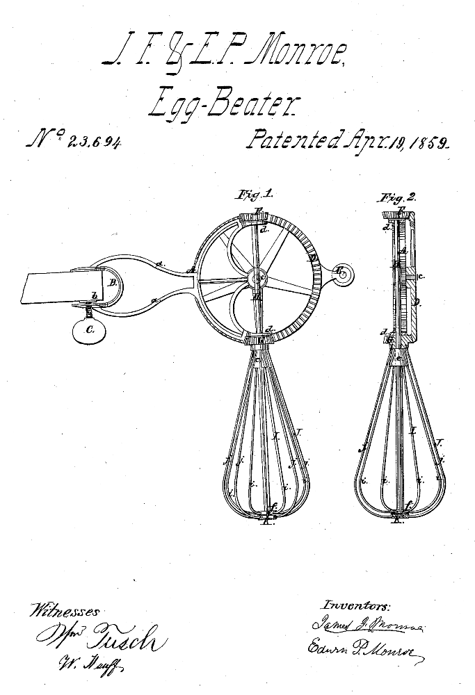 Kristin Holt | Victorian Cooking: Rotary Egg Beater ~ In Time for Angel's Food Cake? U.S. Patent No 236954 Patented April 19, 1859 for J.F. and E.P. Monroe Egg-Beater.