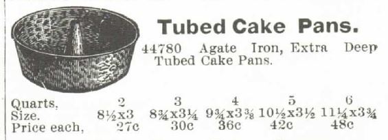 Kristin Holt | Victorian Cake: Tins, Pans, Moulds -- Tubed Cake Pans, "Agate Iron, Extra Deep, Tubed Cake Pans." In sizes 2, 3, 4, 5, and 6 quarts. Price ranging from 27 cents to 48 cents. For sale in the <strong>1895</strong> <em>Montgomery Ward</em> Spring and Summer Catalog.