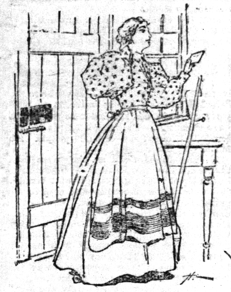 Kristin Holt | Ladies Fashions: Huge Sleeves of the 1890s. Image: Woman's Workday Dress (perhaps blouse and skirt), suited to all the homemaker's daily chores, giving into fashion's demands for enormous sleeves. Published in The Akron Beacon Journal, Akron, Ohio, February 13, 1897. 