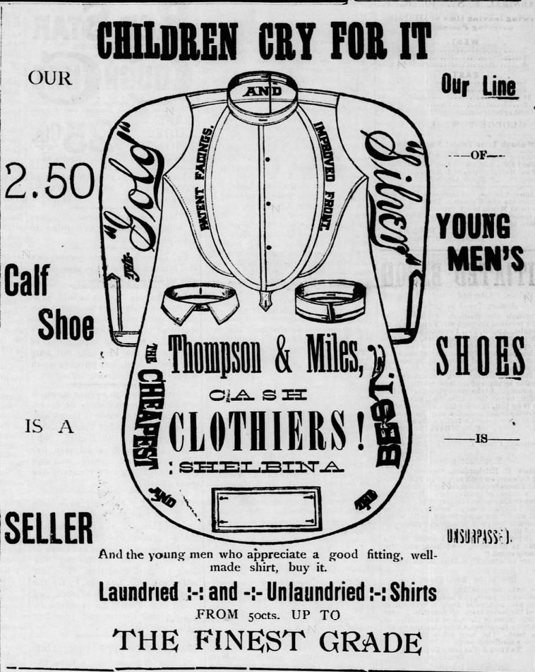 Kristin Holt | Victorian Collars and Cuffs (for men). Illustrated advertisement of a male's shirt, from Shelbina Democrat of Shelbina, Missouri, 2 March 1887.