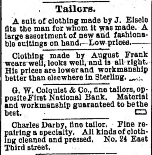 Kristin Holt | The Victorian Man's Suit of Clothes. Image of four tailors advertising their services in the Sterling Standard of Sterling, Illinois on September 22, 1898. Services offered include finely tailored suits of clothing to fit the man for whom they were made, fine repairs, cleaning and pressing of clothing. (Who knew tailors did "cleaning" and pressing?)
