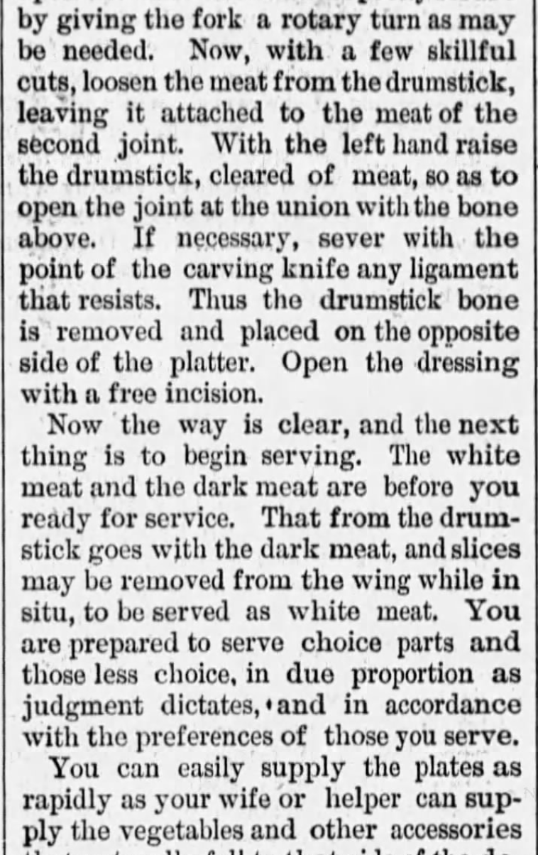 Kristin Holt | How to Carve a Thanksgiving Turkey, 1889. From Vermont Journal of Windsor, Vermont on November 30, 1889 (Part 2 of 3), contains instructions for carving a turkey.