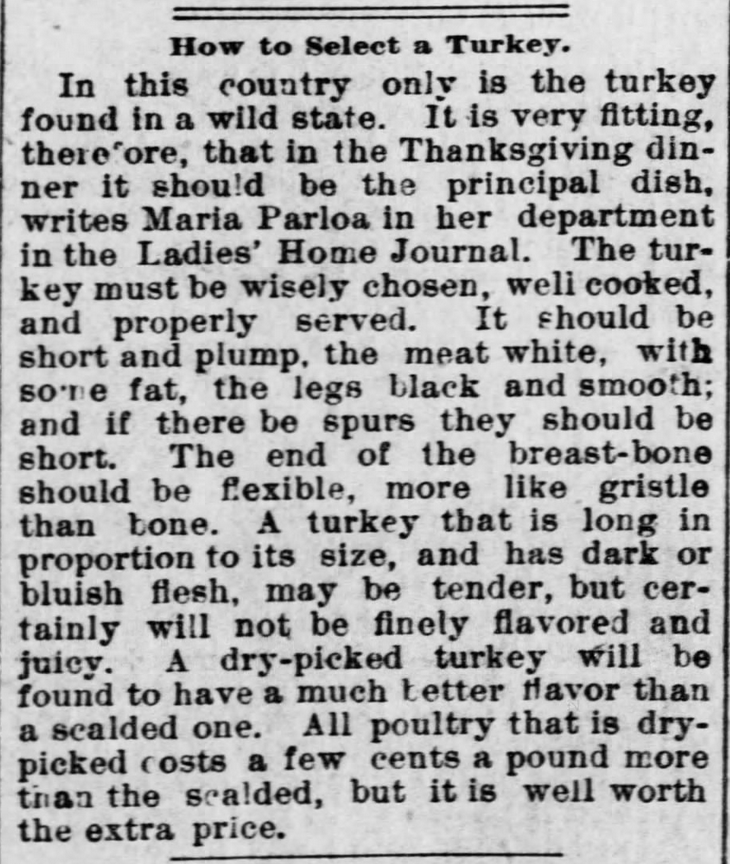 Kristin Holt | Victorian America's Thanksgiving Recipes - Vintage Newspaper clipping: How to Select a Turkey, published in The Osage City Free Press of Osage City, Kansas on December 1, 1892.