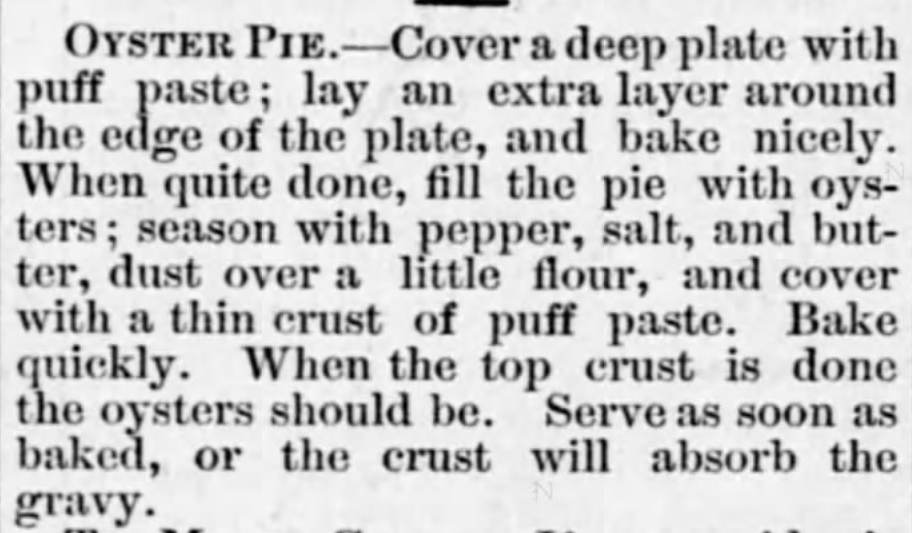 Kristin Holt | Victorian America's Thanksgiving Recipes - Oyster Pie. Chariton Courier of Keytesville, Missouri. November 29, 1879.
