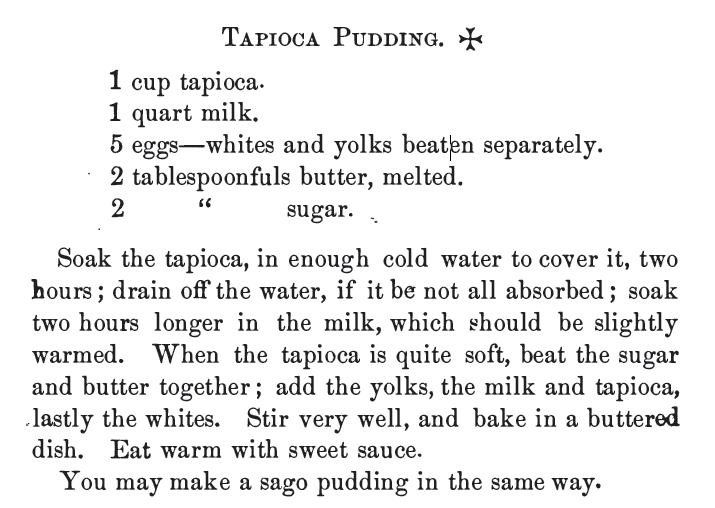 Kristin Holt | Victorian Homemakers Present Tapioca Pudding. Recipe published in Common Sense in the Household, 1884.