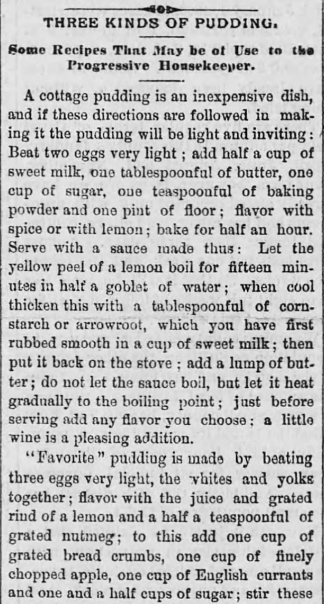 Kristin Holt | Victorian Homemakers Present Tapioca Pudding. Three Kinds of Pudding recipes published in Wyoming Democrat of Tunkhannock, Pennsylvania on April 27, 1883. Part 1 of 2.