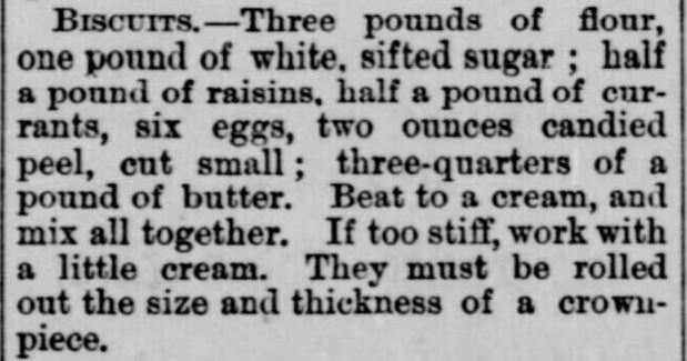Kristin Holt | Victorian Oatmeal Raisin Cookies - Biscuits (with raisins but no oatmeal) Published in the Weekly Republican of Plymouth, Indiana on September 24, 1874.