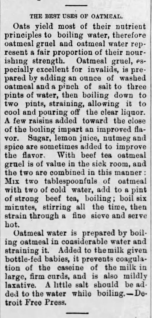 Best Uses of Oatmeal, The Spirit of the Age Newspaper of Woodstock, Vermont on March 20, 1897. Included in "Oatmeal & Victorian-American Attitudes" by USA Today Bestselling Author Kristin Holt.