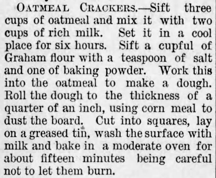 Kristin Holt | Oatmeal called for in Crackers Recipe, published in The Lyons Republican of Lyons KS. August 25, 1881.