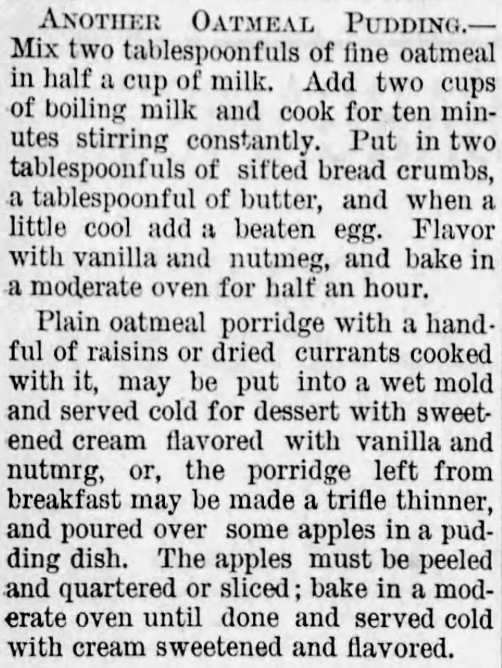 Kristin Holt | Two Oatmeal Puddings Recipes published in The Lyons Republican of Lyons, Kansas on August 25, 1881.