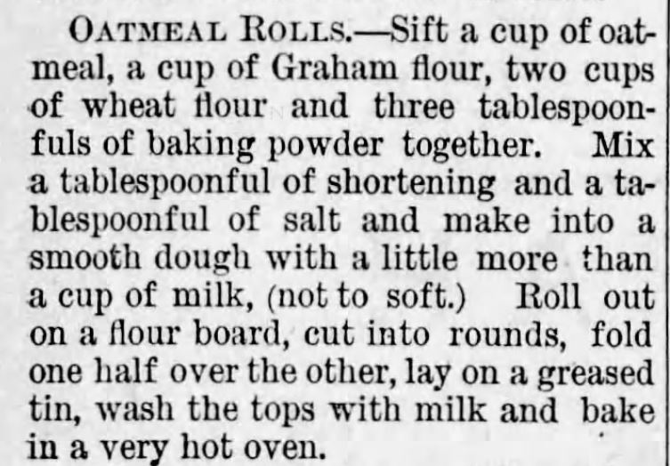 Kristin Holt | Oatmeal Rolls Recipe, published in The Lyons Republican of Lyons, Kansas on August 25, 1881.