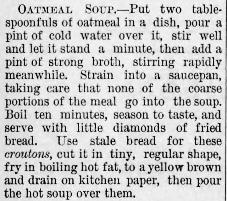 Kristin Holt | Oatmeal Soup Recipe, published in The Lyons Republican of Lyons, Kansas on August 25, 1881.