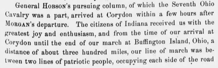 Kristin Holt | Victorian America's Fried Chicken. In "Journal of the U.S. Calvary Association", Leavenworth, Kansas, June 1, 1899 (Part 1 of 2). The citizens of Indiana received us (General Hobson's column, of which the Seventh Ohio Calvary was a part)... where patriotic people lined both sides of the road...