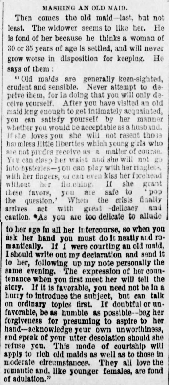 Kristin Holt | The Art of Courtship, Part 10: Mashing an Old Maid, from The Des Moines Register of Des Moines, IA on February 20, 1887.
