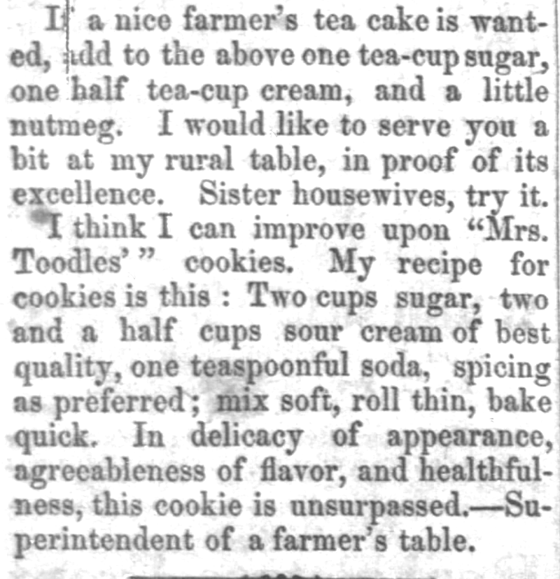 Kristin Holt | Sugar Cookies in Victorian America | Farmer's Tea Cake Recipe and Sugar Cookie Recipe, from Nebraska Advertiser of Brownville, Nebraska. February 12, 1857.