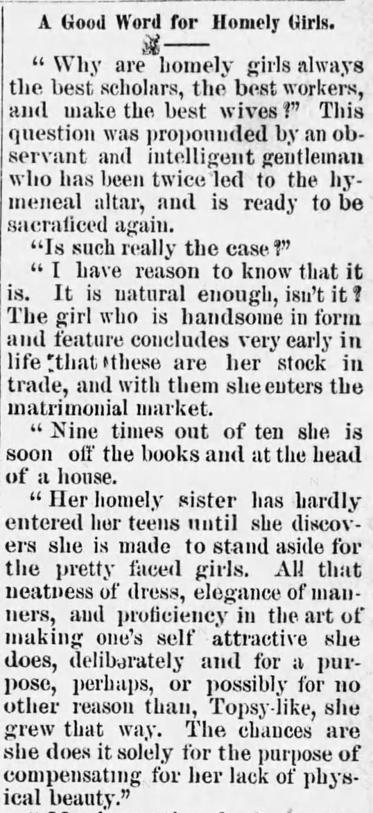 Kristin Holt | Who Makes the Best (Victorian) Wives? Homely Girls Make the Best Wives, Part 1 of 2. From The Clarke County Democrat of Grove Hill, Alabama on November 27, 1884.