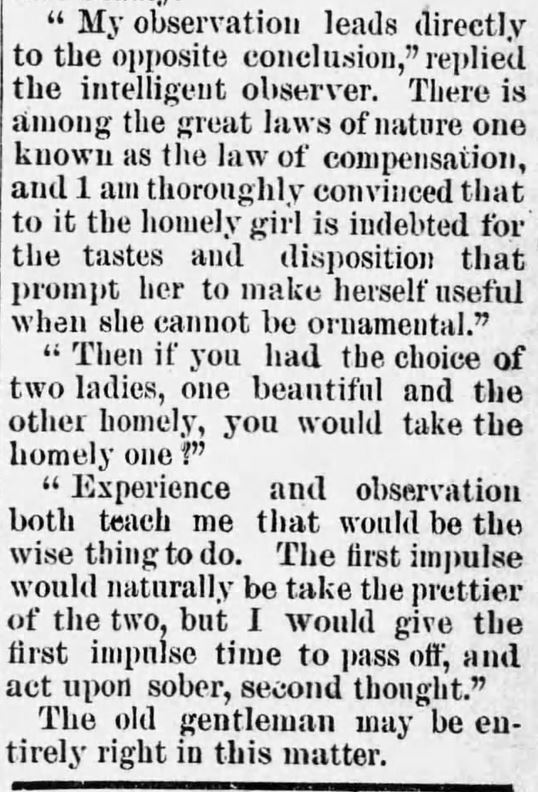Kristin Holt | Who Makes the Best (Victorian) Wives? Homely Girls Make the Best Wives, Part 2 of 2. From The Clarke County Democrat of Grove Hill, Alabama on November 27, 1884.