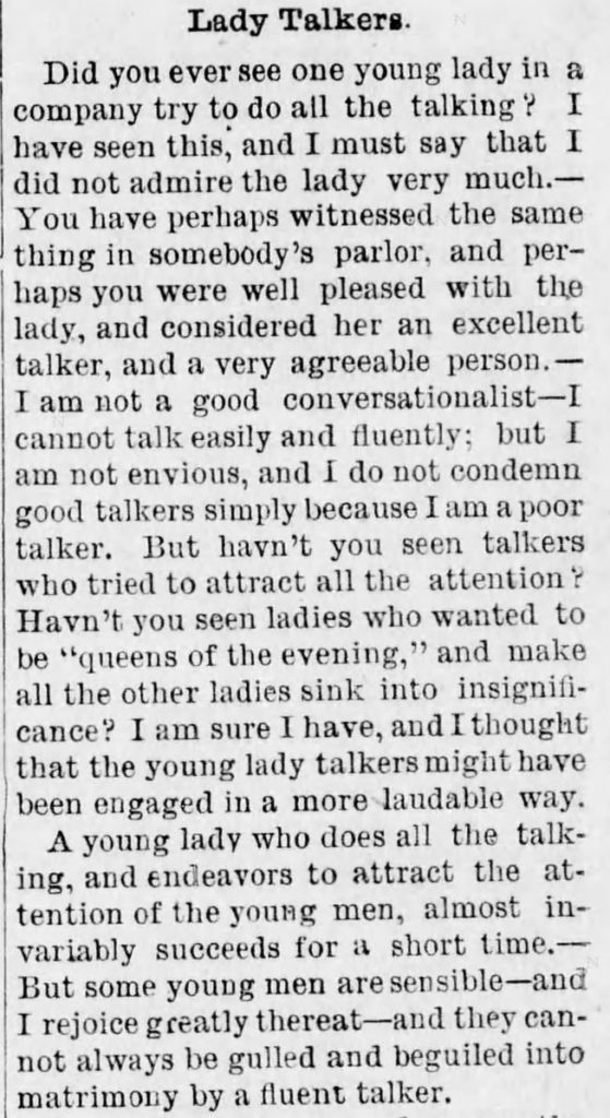 Kristin Holt | Lady Talkers Don't Make Good Wives. Part 1 of 3. From The Star and Enterprise of Newville, Pennsylvania, May 4, 1875. Related to Who Makes The Best (Victorian) Wives?