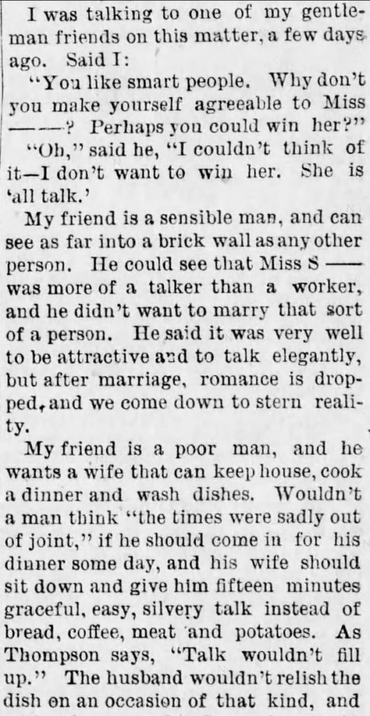 Kristin Holt | Lady Talkers Don't Make Good Wives. Part 2 of 3. From The Star and Enterprise of Newville, Pennsylvania, May 4, 1875. Related to Who Makes the Best (Victorian) Wives?