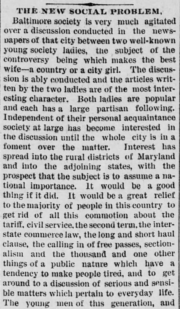 Kristin Holt | Who Makes the Best (Victorian) Wives? City Girl or Country Girl. Part 1 of 3. The Saint Paul Globe of Saint Paul, Minnesota on April 29, 1887.
