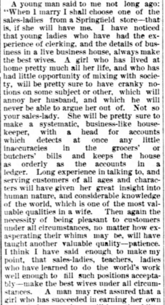 Kristin Holt | Who Makes the Best (Victorian) Brides? Working Women make the Best Wives, Part 1 of 2. (Seasonal Jobs at Christmastime.) From Springfield Daily Republic of Springfield, Ohio. December 26, 1886.