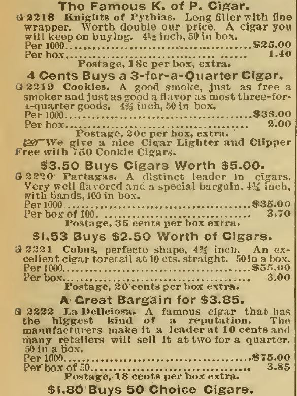 Kristin Holt | Victorian-American Tobacco Advertisements. More Cigars, continued advertisements in Sears Catalog, 1898. Bargain cigars, well-flavored, boxes of 50, 100, or 1000.